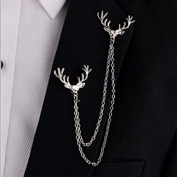 Retro Double Chain Deer Head Collar Lapel Pin - Picture 4 of 16